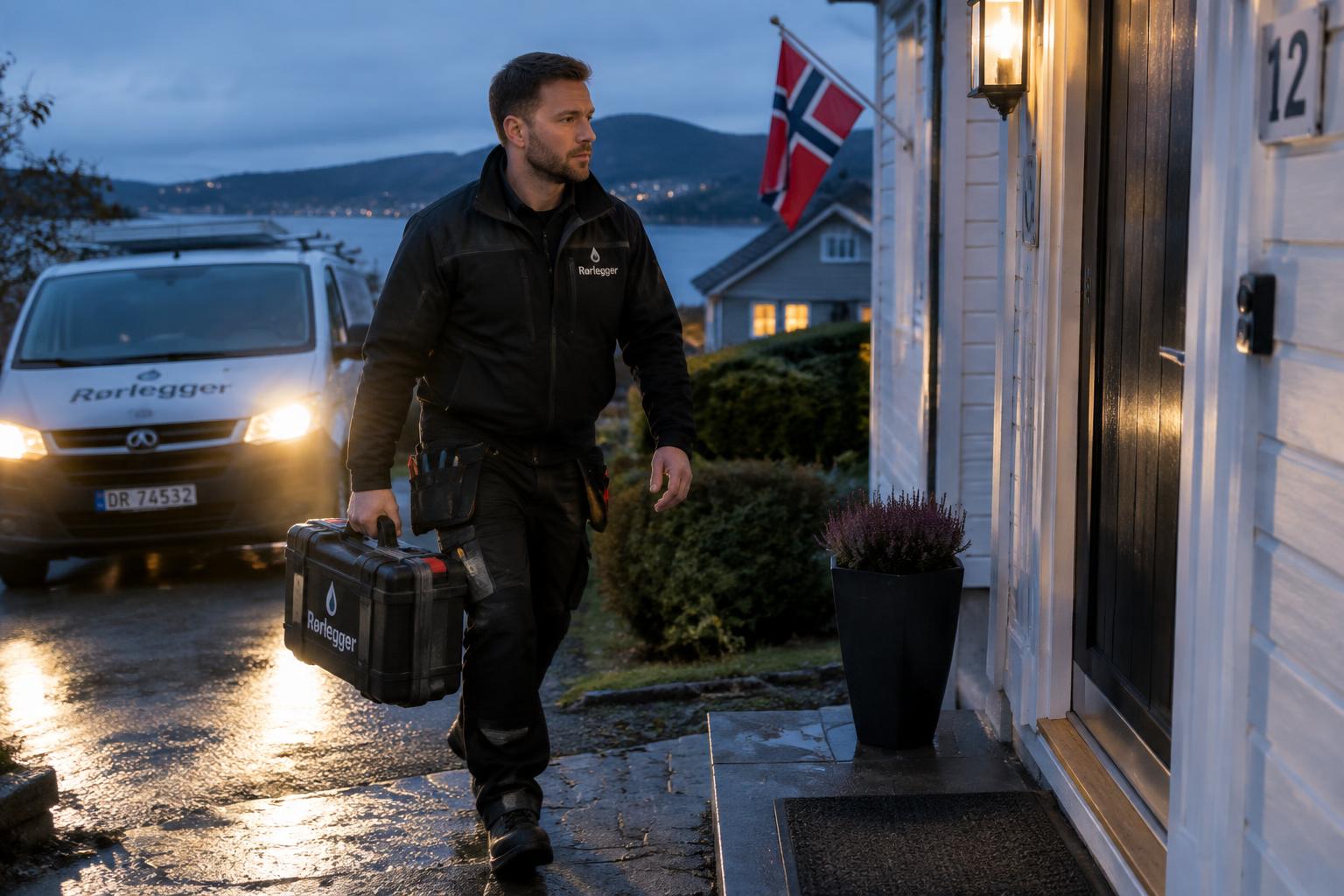 Rørlegger med verktøykoffert på vei inn til en bolig på kveldstid